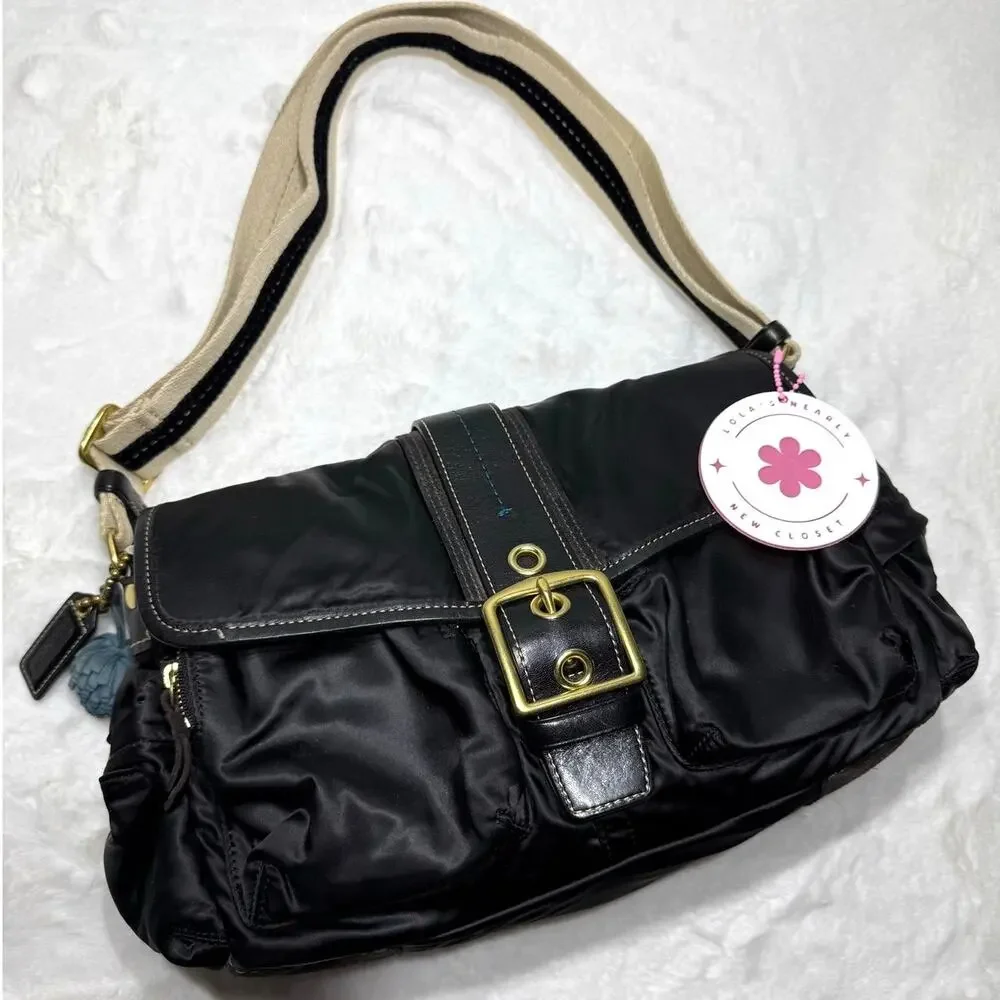 y2k COACH Vintage Buckle Black Sateen Nylon Shoulder Hand bag